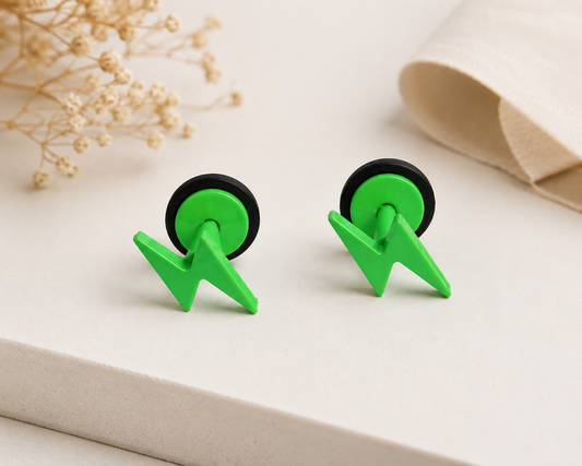 Unisex Green Thunderbolt Studs